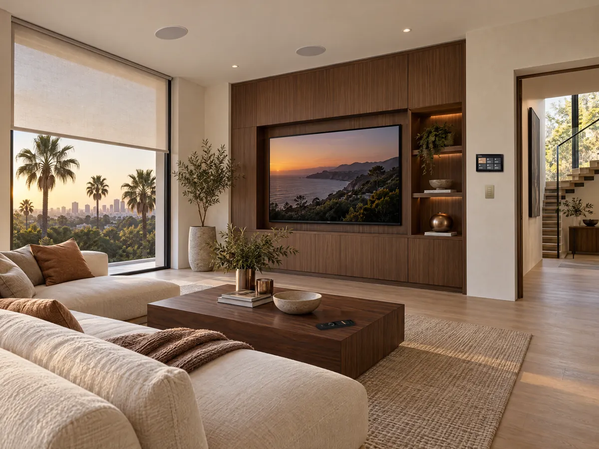 A media room with a large screen set into walnut cabinetry, a roller shade over the window, a keypad and touch panel on the wall, ceiling speakers and a remote on the cocktail table.